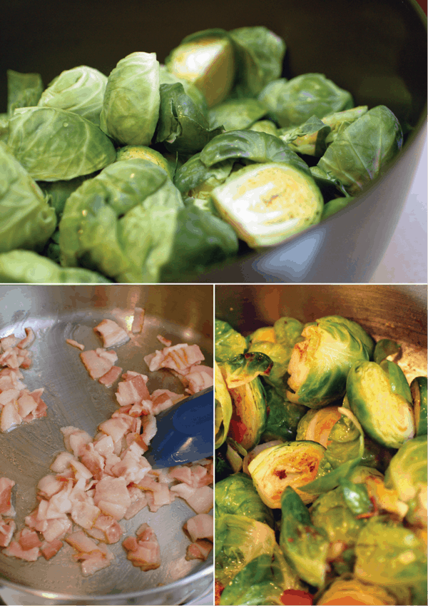 Apple Juice Braised Brussels Sprouts with Bacon Cupcakes and Cutlery