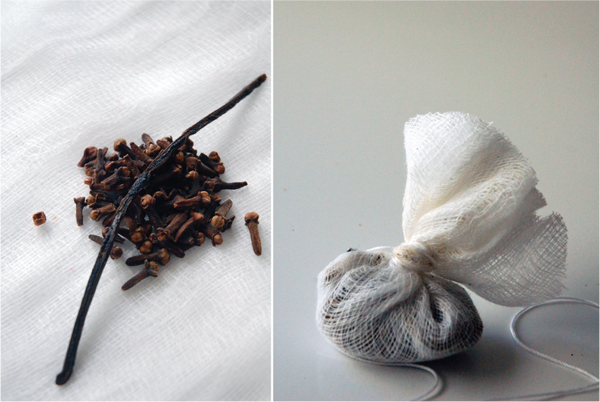 Vanilla and cloves in cheese cloth