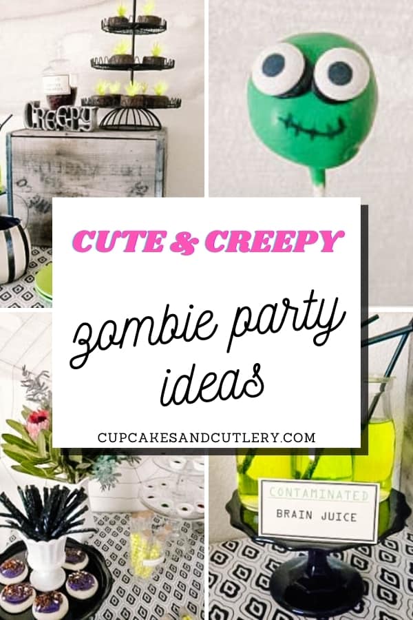 Collage of zombie party ideas with text over it.