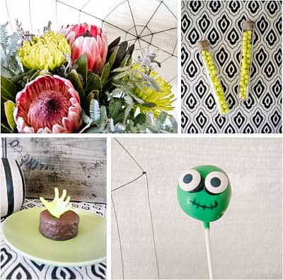 Collage of details from a cute zombie Halloween party theme.