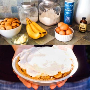 Steps to make a banana pudding pie with ingredients and finished pie.
