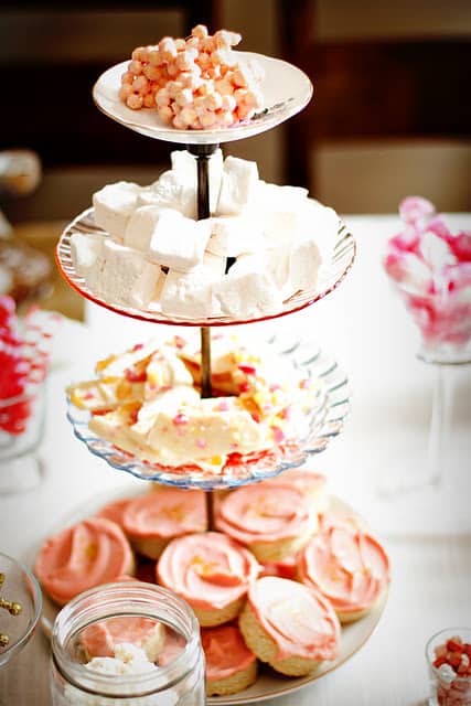 Gorgeous pink desserts on tiered dessert stand