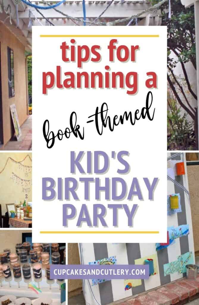 Collage of party images from a kid's 2nd birthday with text over it for Pinterest.
