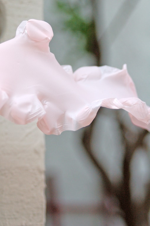 close up of a ruffle party streamer made out of a plastic tablecloth.