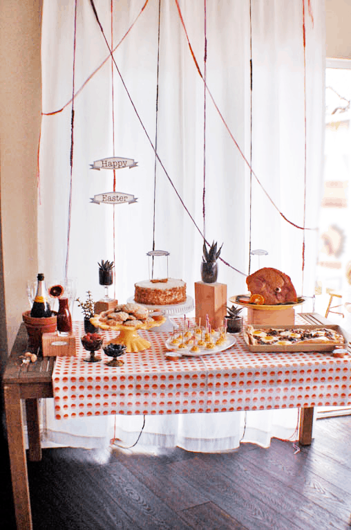 A food table decorated for Easter brunch.