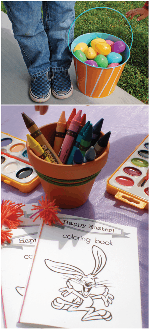 Close up of crayons on a table in a terra cotta pot. 