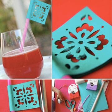 Collage with steps of the straw decoration DIY and on a straw placed in a cocktail glass.