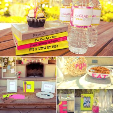 Collage of details from a birthday party with a neon and neutral color palette.