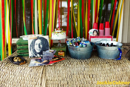 Drinks table from a kid's party with a Bob Marley theme. 