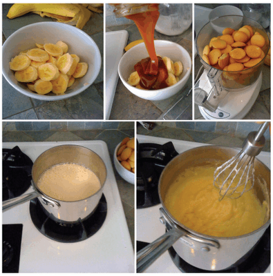 Steps of making a caramel banana pie. 