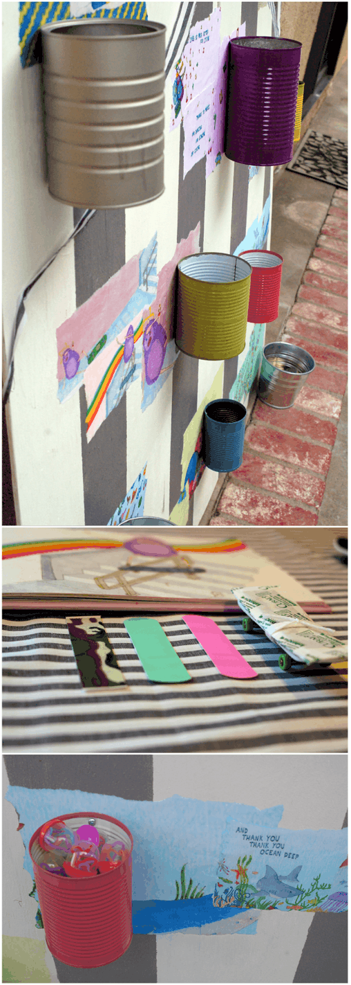 Party favors next to a kid's book and a large board holding the favor items. 