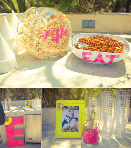 A close up of snacks and decor details from a birthday party.