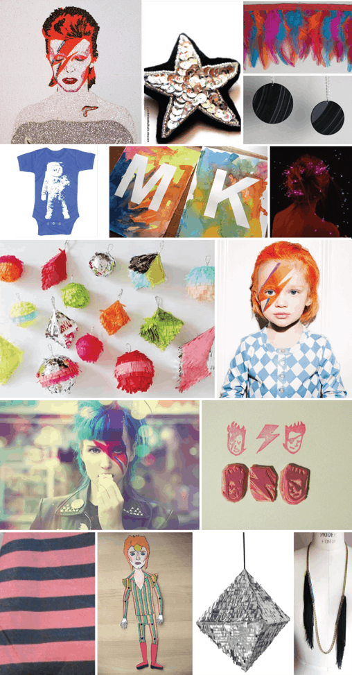 Collage of images used as inspiration for a Ziggy Stardust themed kid\'s birthday party.