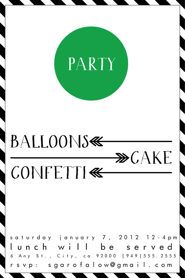 A party invitation for a kid's birthday party with black and white stripes as a border and a green dot in the center.