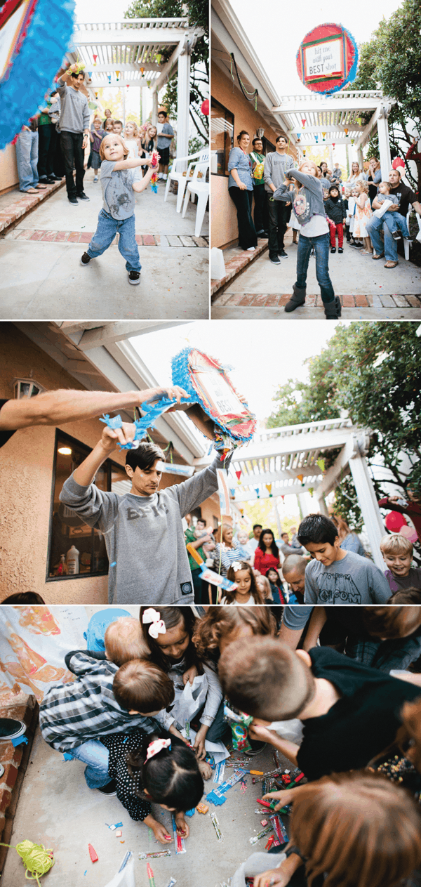 Images from a kid's party when the pinata is being broken open.