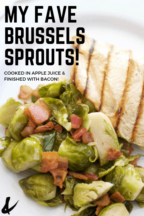 apple juice brussel sprouts recipe idea with text overlay 