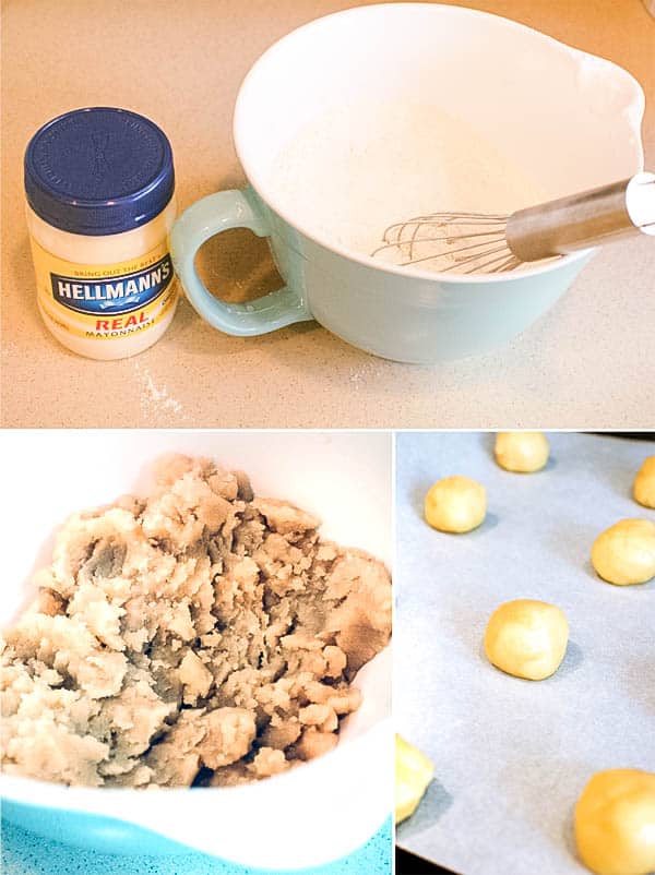 Collage of images of the steps to make mayonnaise cookies. 