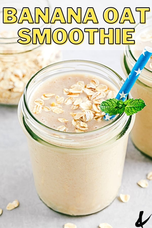 Banana Oats and Yogurt Smoothie recipe in a glass with a straw.