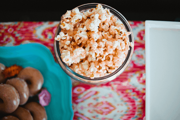 Candied popcorn on a party table. 