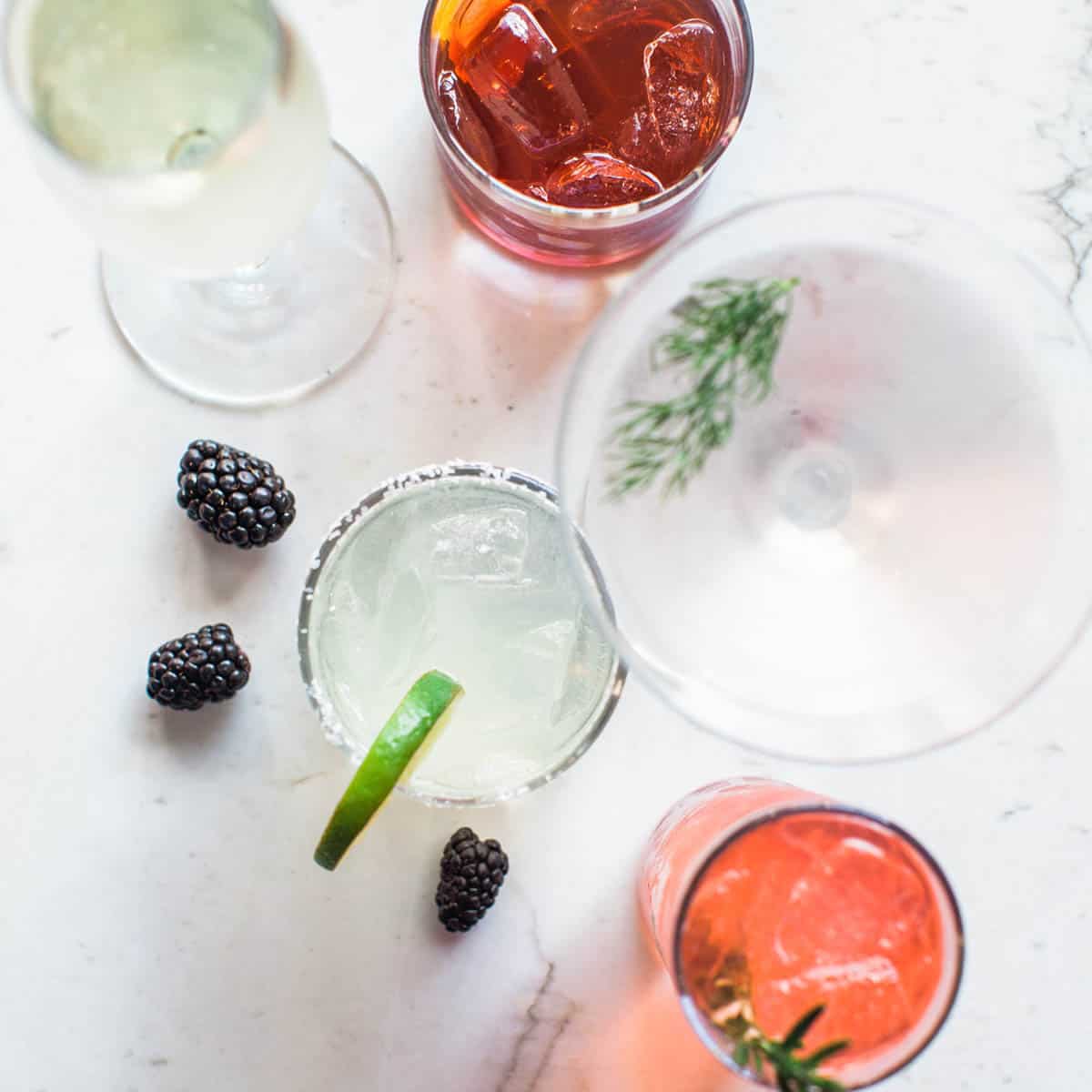 An overhead shot of a variety of different cocktails.
