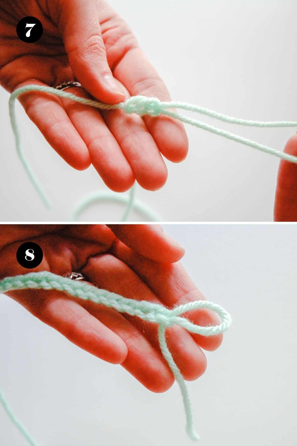 Numbered steps to make a homemade yarn bracelet.
