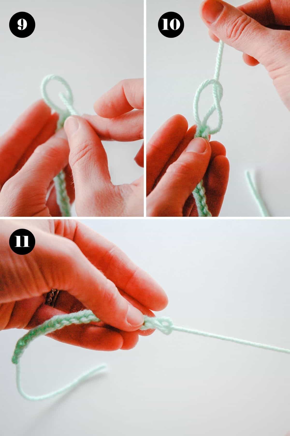 Steps to make a yarn bracelet out of one piece of string.