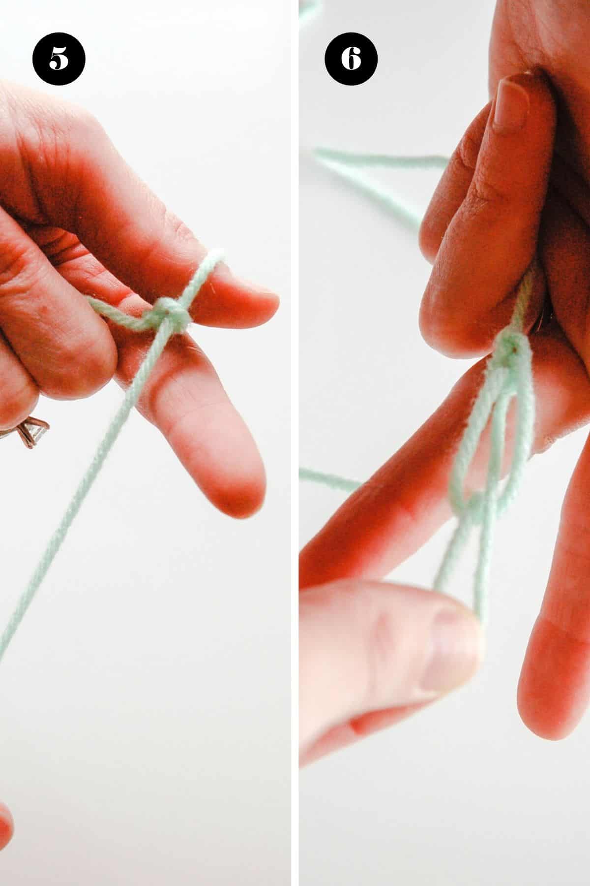 Using your hands to make a knotted bracelet out of yarn.