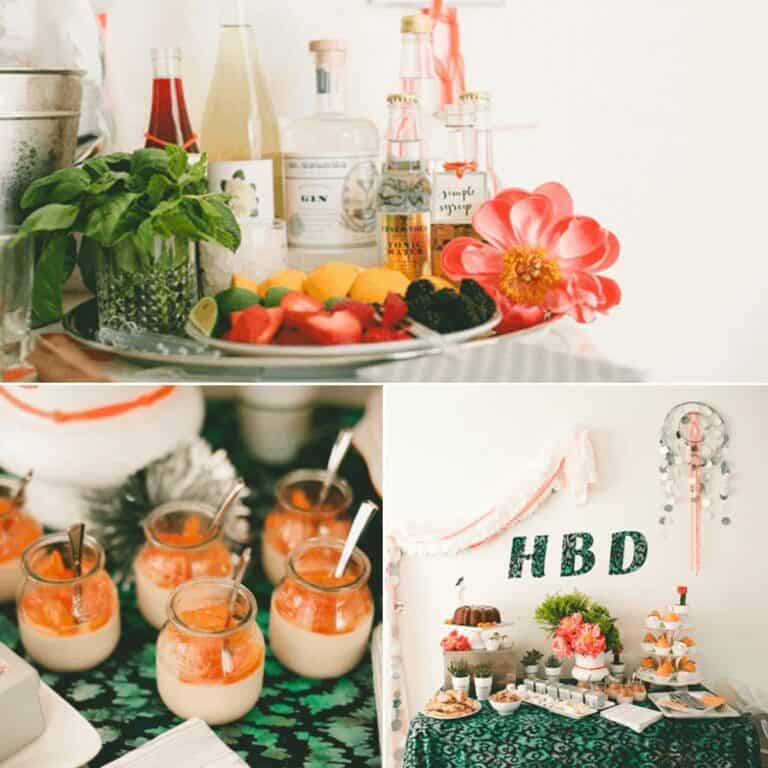 Images of a DIY gin and tonic bar, desserts on a table and party food table.