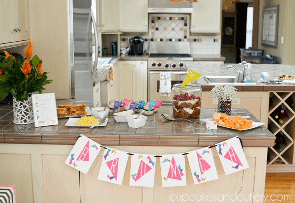 A kitchen counter with food for a Back to School brunch party.