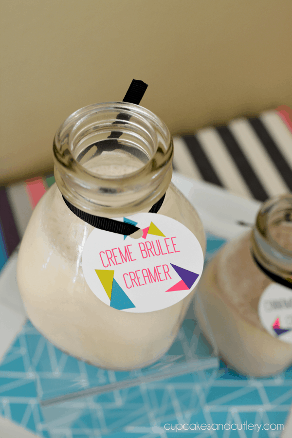 Close up of a bottle holding homemade flavored coffee creamer. 