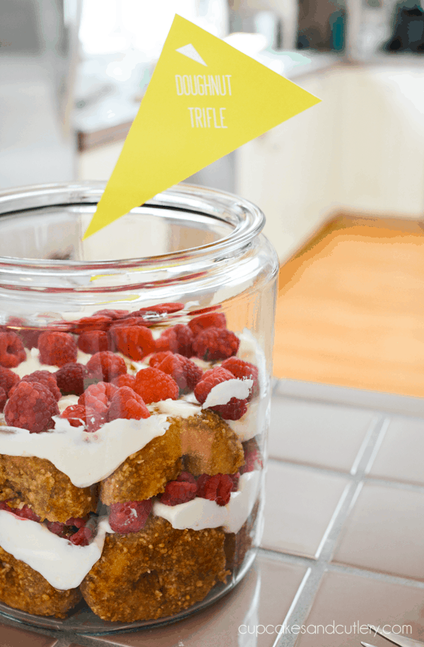 Donut Trifle on a table for a back to school brunch. 