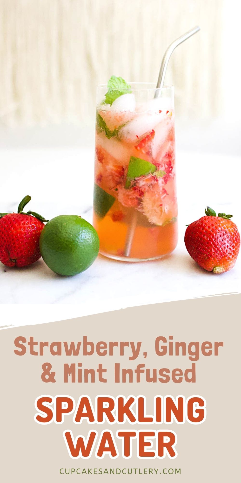 Text: Strawberry, Ginger and Mint Infused Sparkling Water with a glass holding an infused water next to a lime and 2 strawberries.