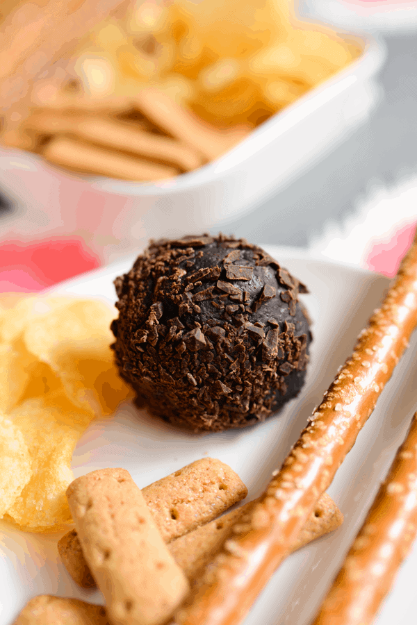 A close up of a cookie ball on a plate with potato chips, pretzel rods and graham sticks. 