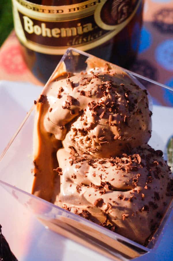 Close up of chocolate ice cream with a chocolate shaving garnish. 