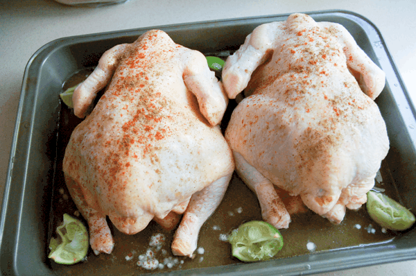 Whole chickens with lime juice, paprika,  and chicken stock in a roasting pan.
