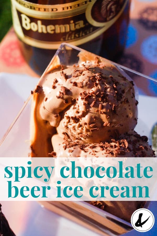 A small bowl of beer ice cream with chocolate shavings on top next to a bottle of Bohemia beer with text overlay. 