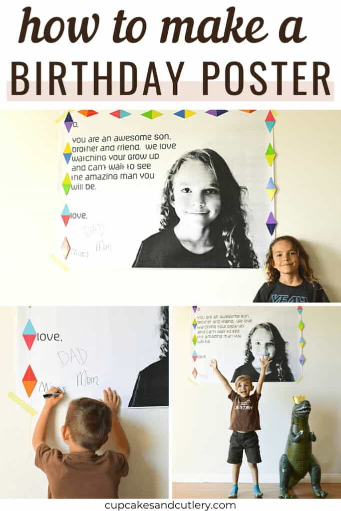 Text: How to make a birthday poster - over a collage of children with a birthday poster.
