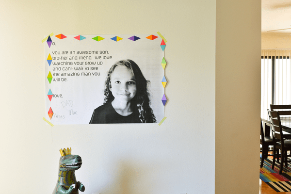 A white wall with a DIY birthday poster surrounded by a colorful garland.