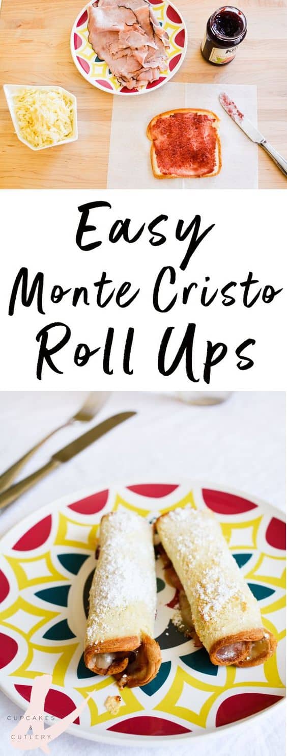 Ingredients and finished Monte Cristo Roll Ups on a plate.