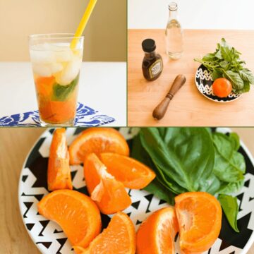 Collage of images for making tangerine and basil infused spa water.
