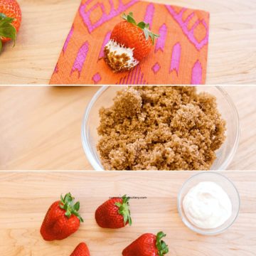 A collage of images showing the ingredients to make a strawberry snack with fresh strawberries and small bowls of sour cream and brown sugar.