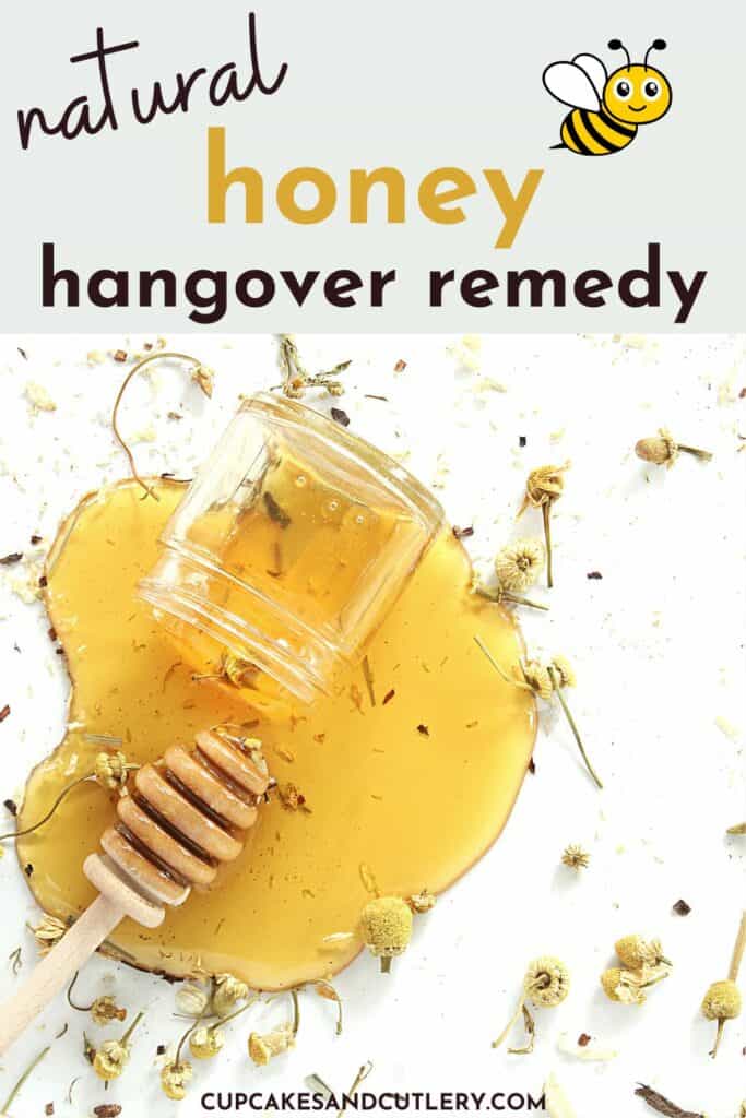 Text - Natural honey hangover remedy with a white table and spilled honey on it.