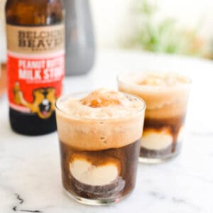 Close up of a glass holding a beer float.