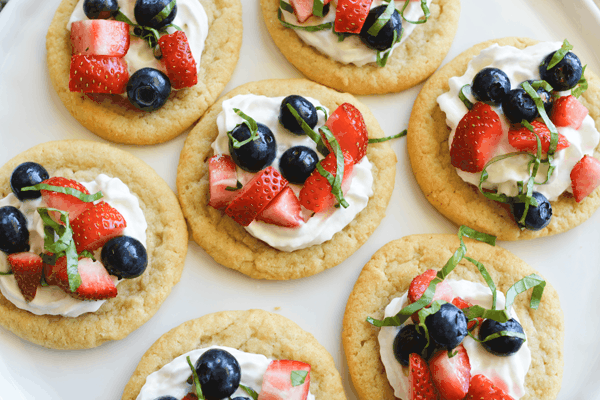 Easy Fruit Bruschetta on cookies on a plate.