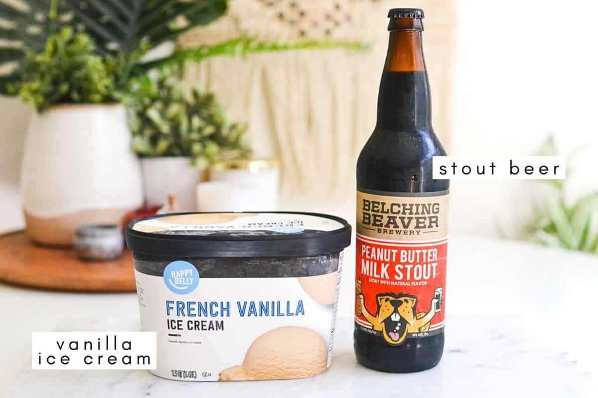 Labeled ingredients to make a beer float recipe.
