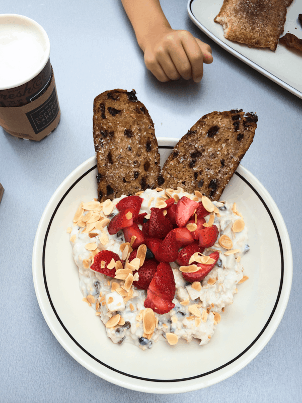 A bowl of Refrigerator Swiss Oatmeal from Corner Bakery.