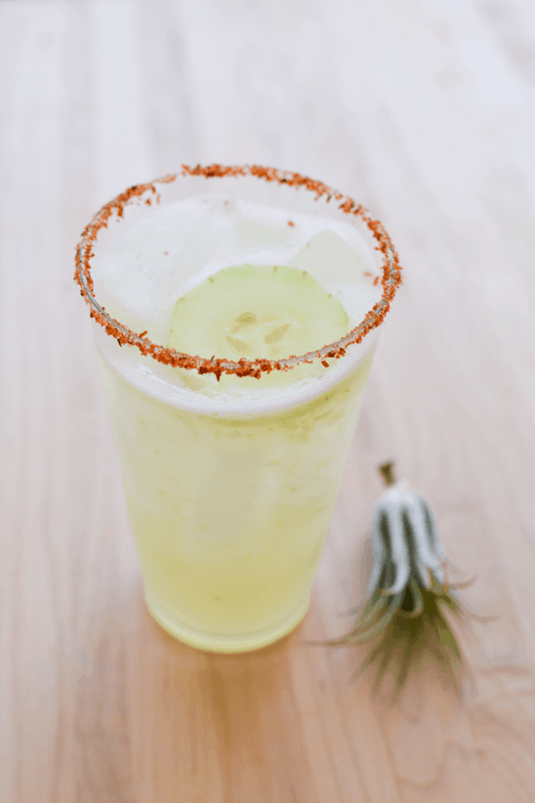 Glass of a cocktail with a Tajin rim and a cucumber slice on top.