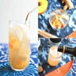 A collage of three images of a champagne cocktail on a blue tablecloth.