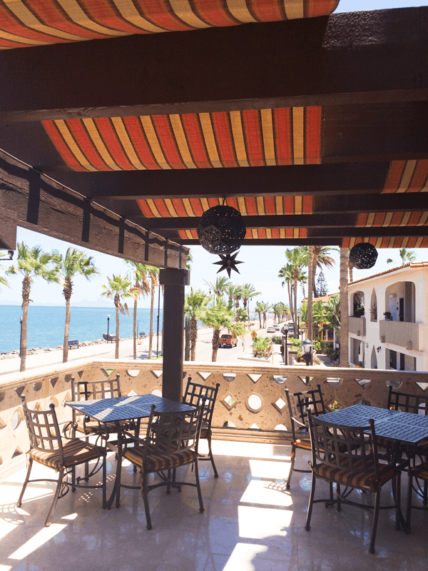 Oceanfront hotel and bar in downtown Loreto, Mexico. 