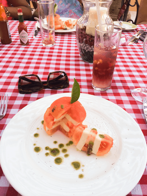 Tomato stack appetizer on Italian night at Villa del Palmar Loreto. 